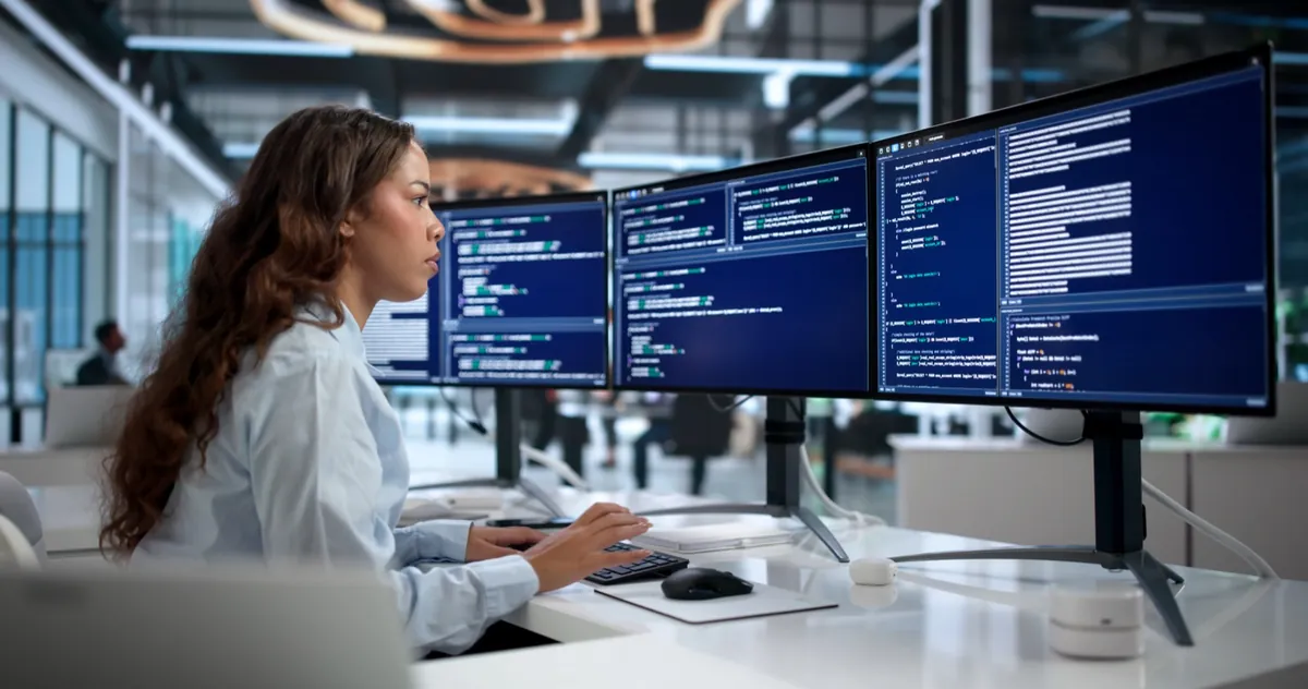 Researcher working at a multi-monitor data workstation